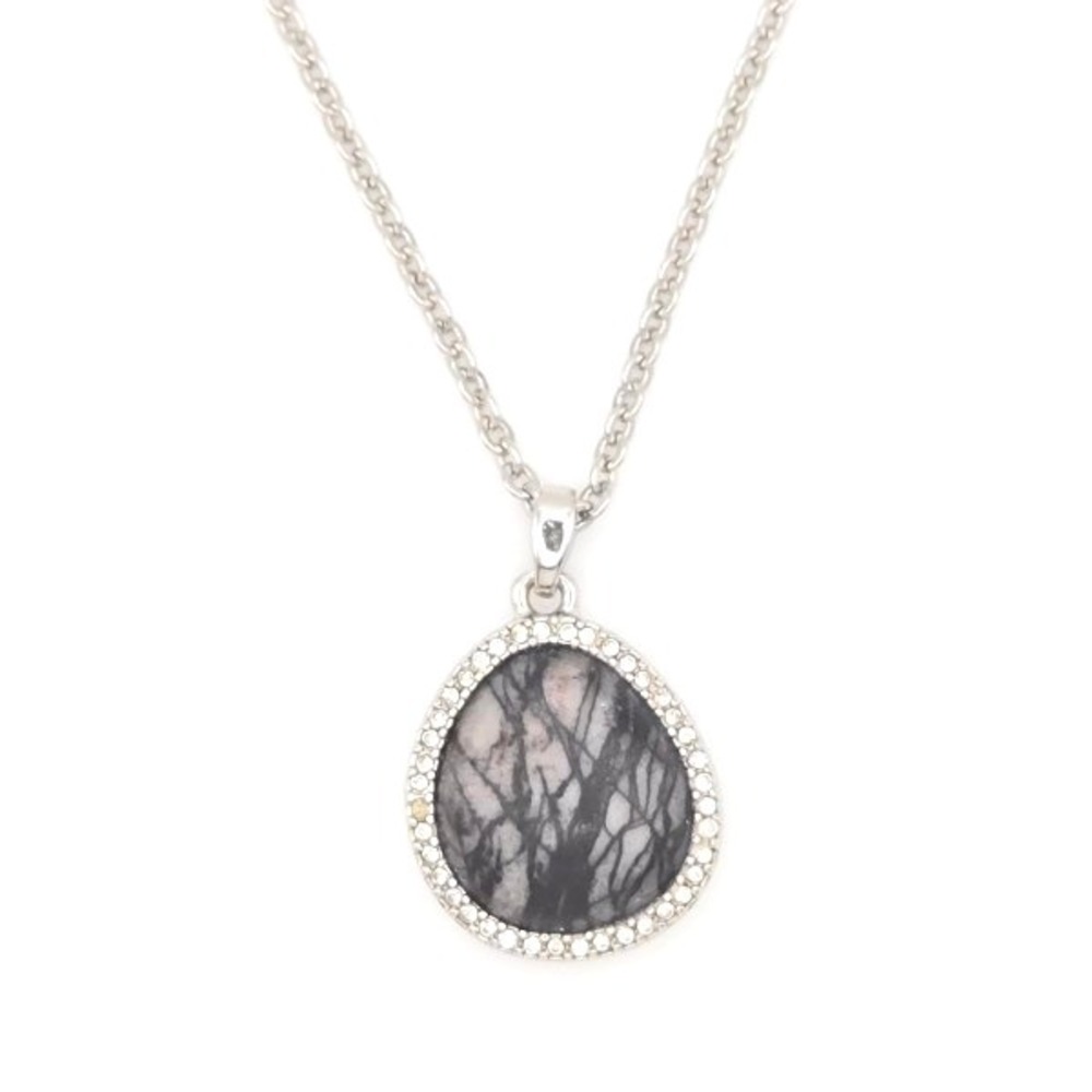 WHBM Zebra Jasper Stone Pendant Necklace Crystal Accents Silver‎ Tone Chain